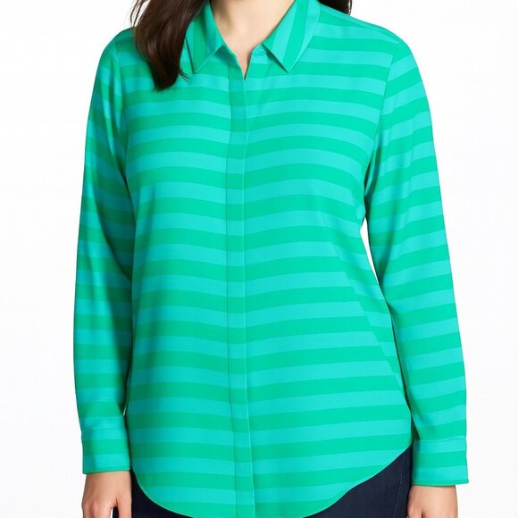 Ann Taylor Green Blue Striped Button Front Long Roll Tab Sleeve Blouse Preppy - Picture 16 of 16